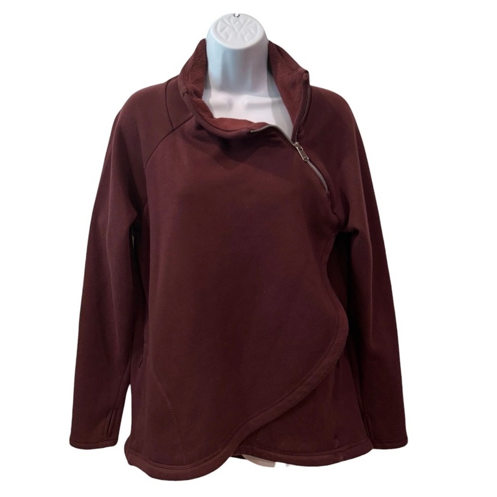Athleta Cozy Karma Asym Pullover Burgundy Maroon Fleece Wrap Sweatshirt Medium
